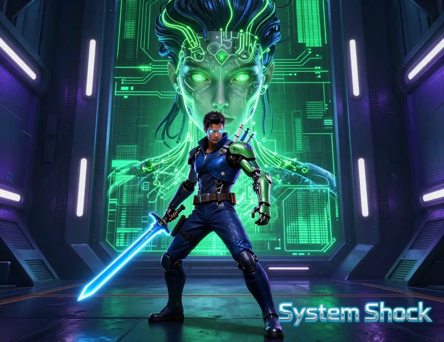 Guerreiro ciborgue com espada de energia em corredor sci-fi neon