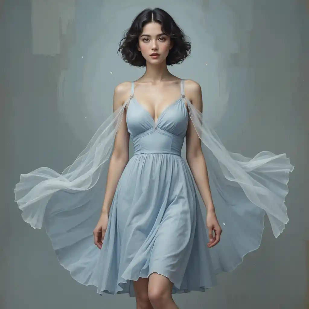 Portrait éthéré en pied d’une jeune femme en mouvement