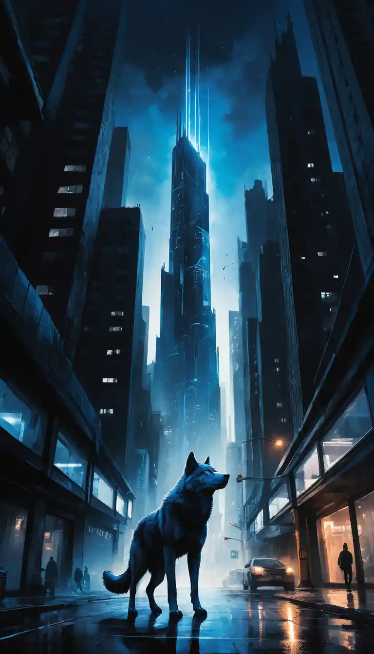 Gratte-ciel futuriste avec néon lumineux en forme de loup