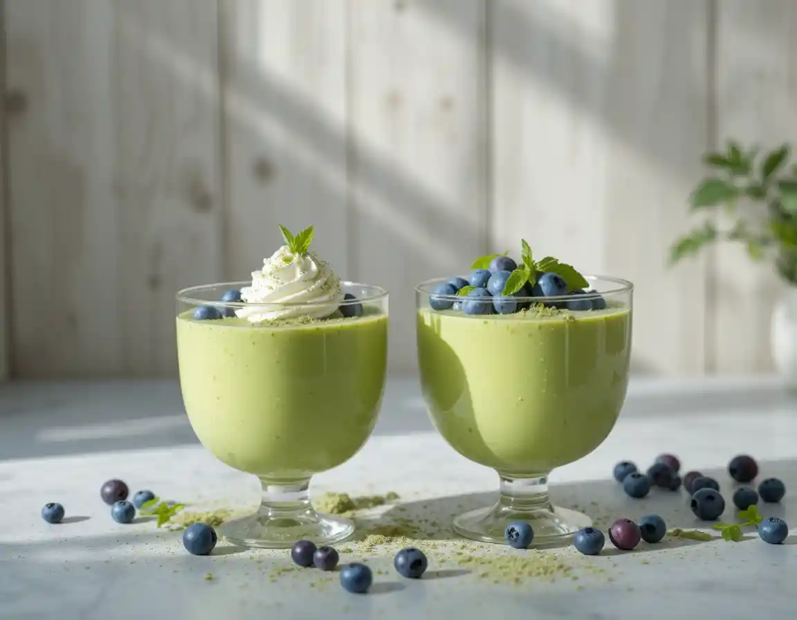 Sobremesas de mousse de matcha com mirtilos em bancada de cozinha cinza