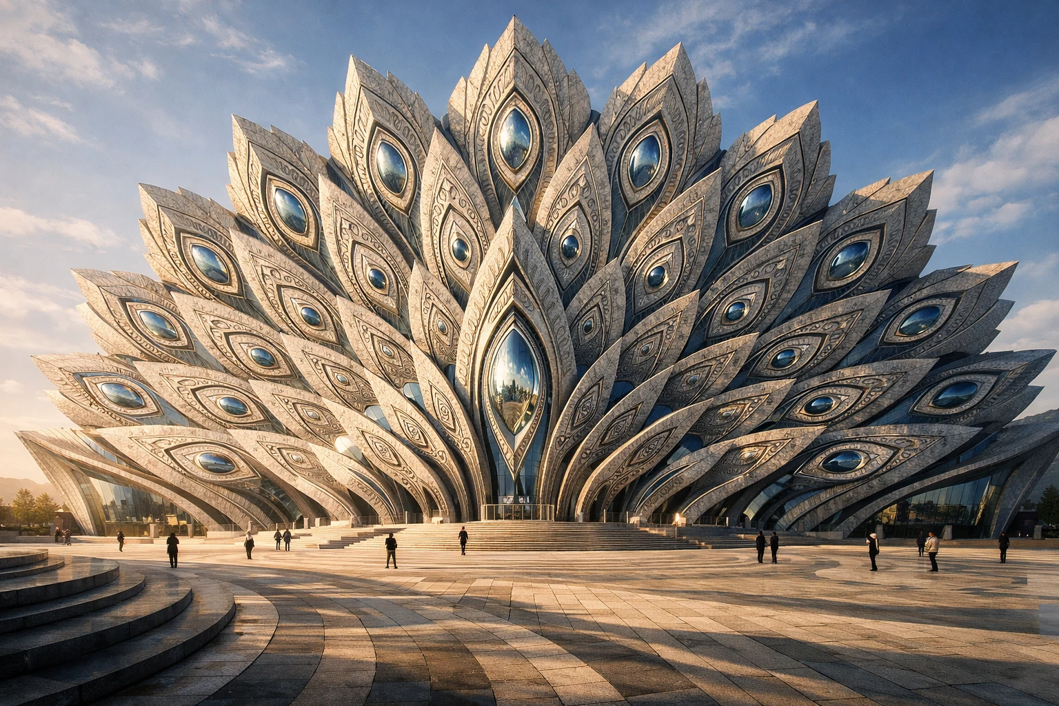 Monumento futuristico in pietra e vetro ispirato a un pavone