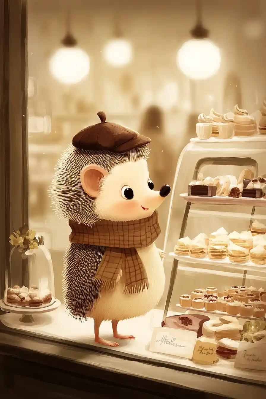 Dolce riccio dei cartoni animati in piedi in una panetteria accogliente