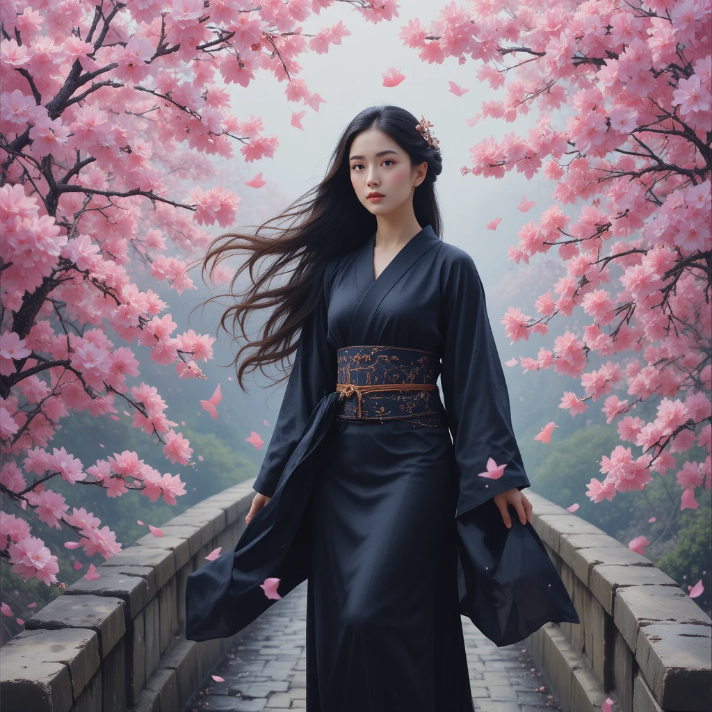Femme japonaise sereine sur un pont de pierre avec des cerisiers en fleurs