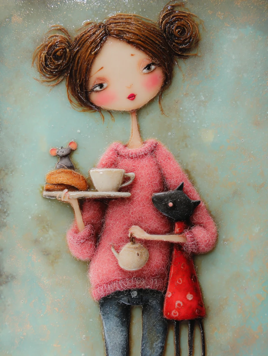 Petit-déjeuner fantaisiste avec une chatte pirate mince et sa petite amie souris