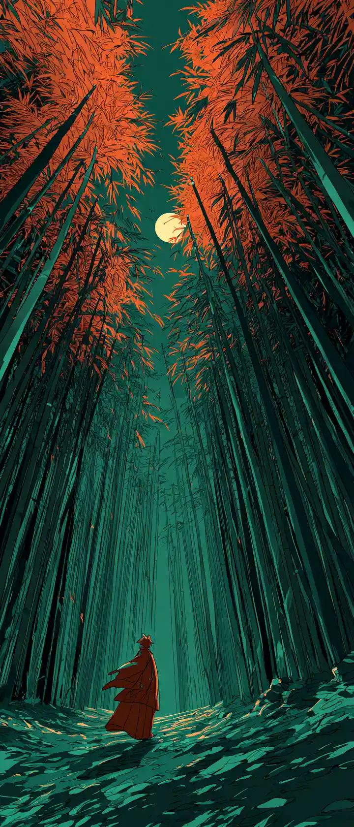 Fox spirit girl leaping through glowing bamboo forest