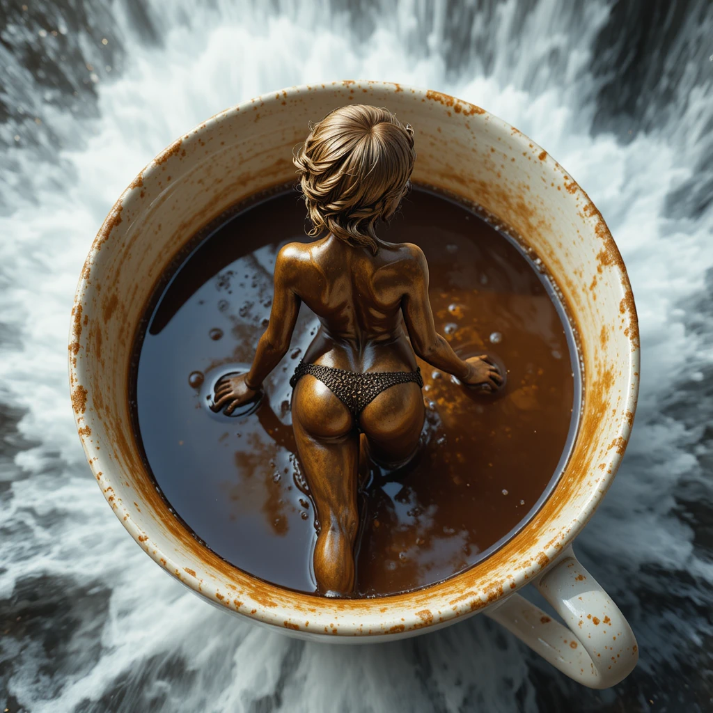 Statua di donna in bronzo in una tazza di caffè sopra una cascata