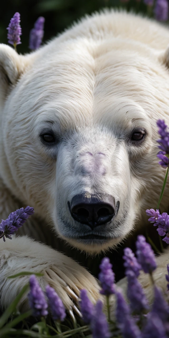 Urso‑polar dormindo em um campo de flores roxas