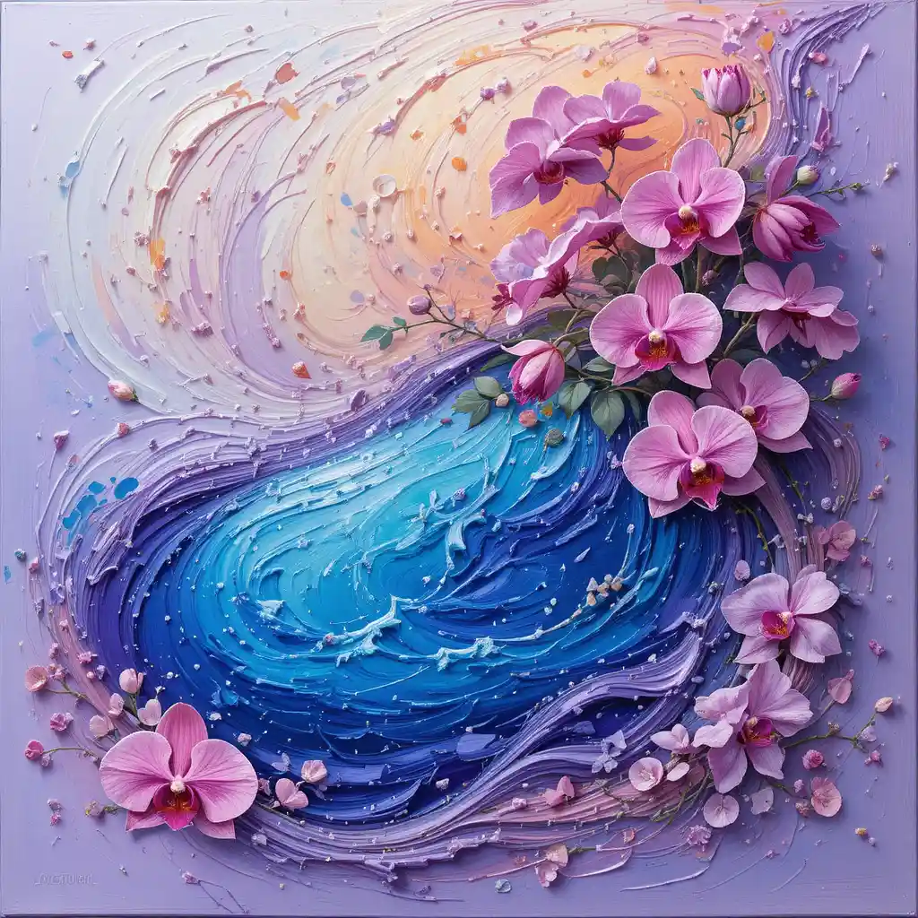 Peinture au pastel en impasto d’un lagon bleu avec des orchidées