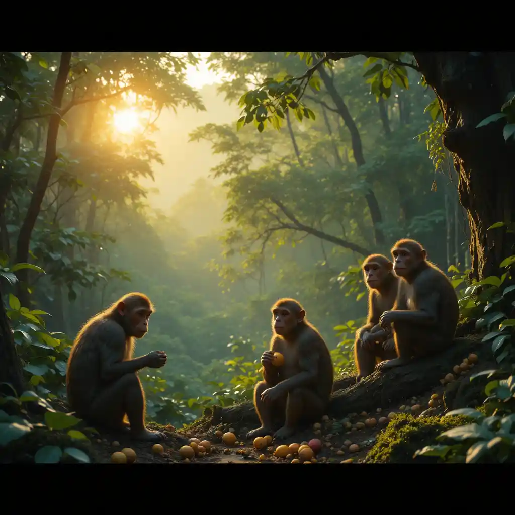 Monkeys Resting In A Sunlit Jungle At Early Morning