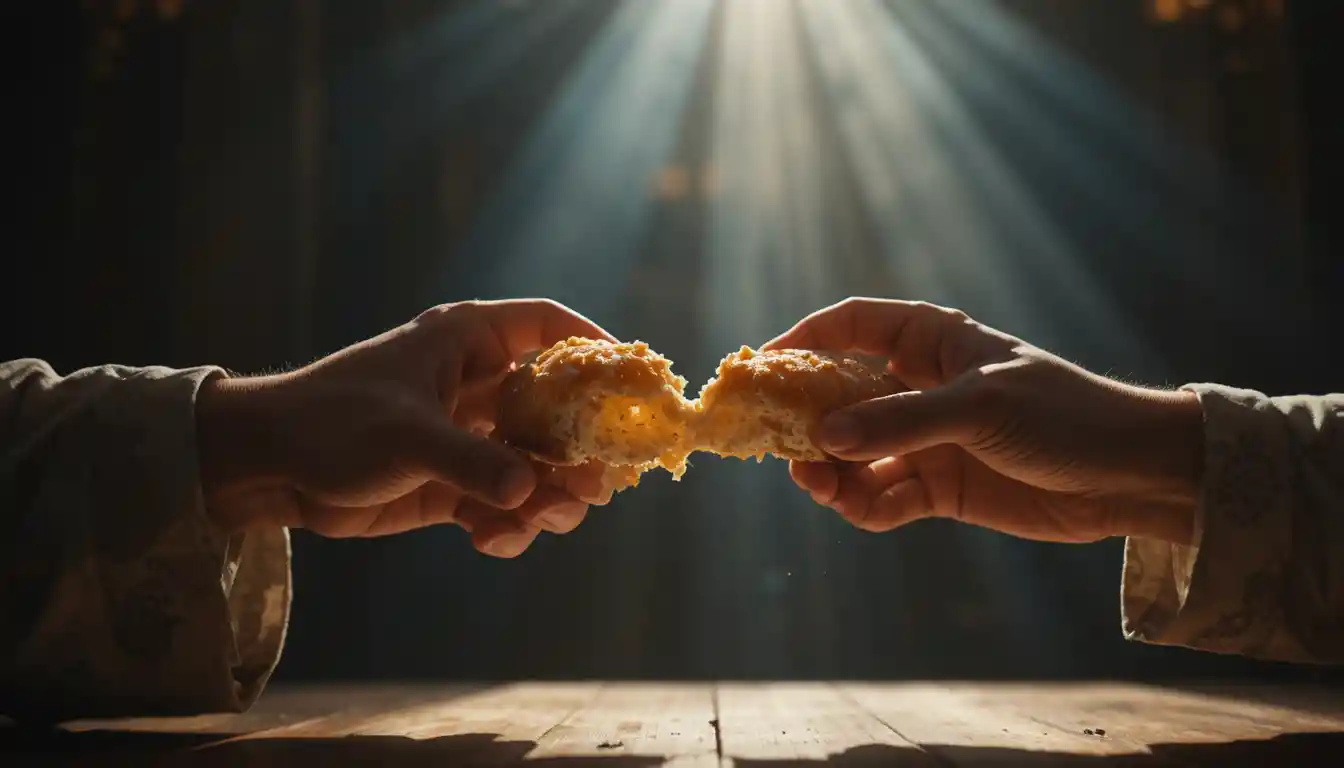 Primo piano di mani che spezzano il pane in una luce soffice e drammatica
