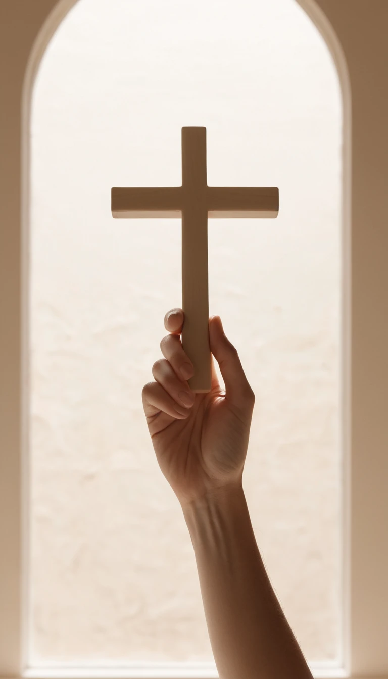 Mains faisant le signe de croix dans une douce lumière de fenêtre