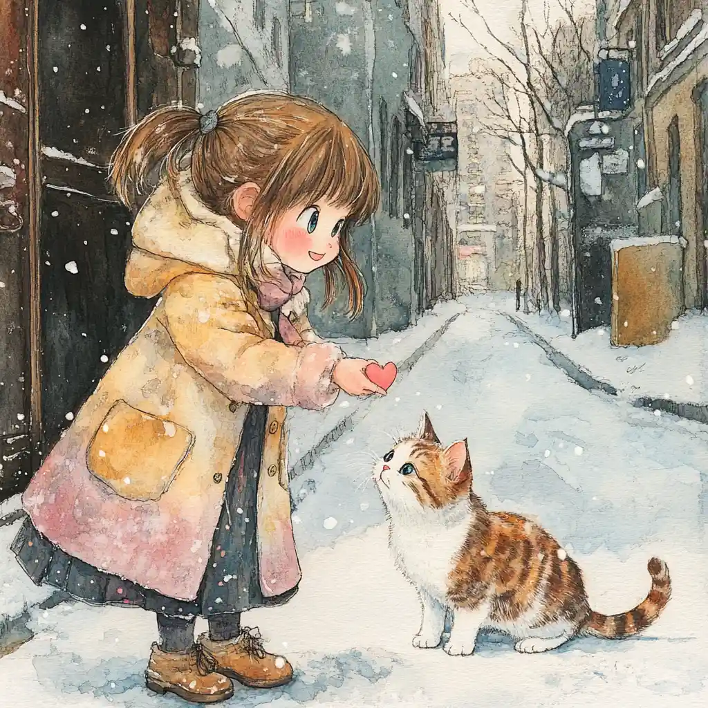 Ragazza che dona un cuore a un gatto in una strada invernale