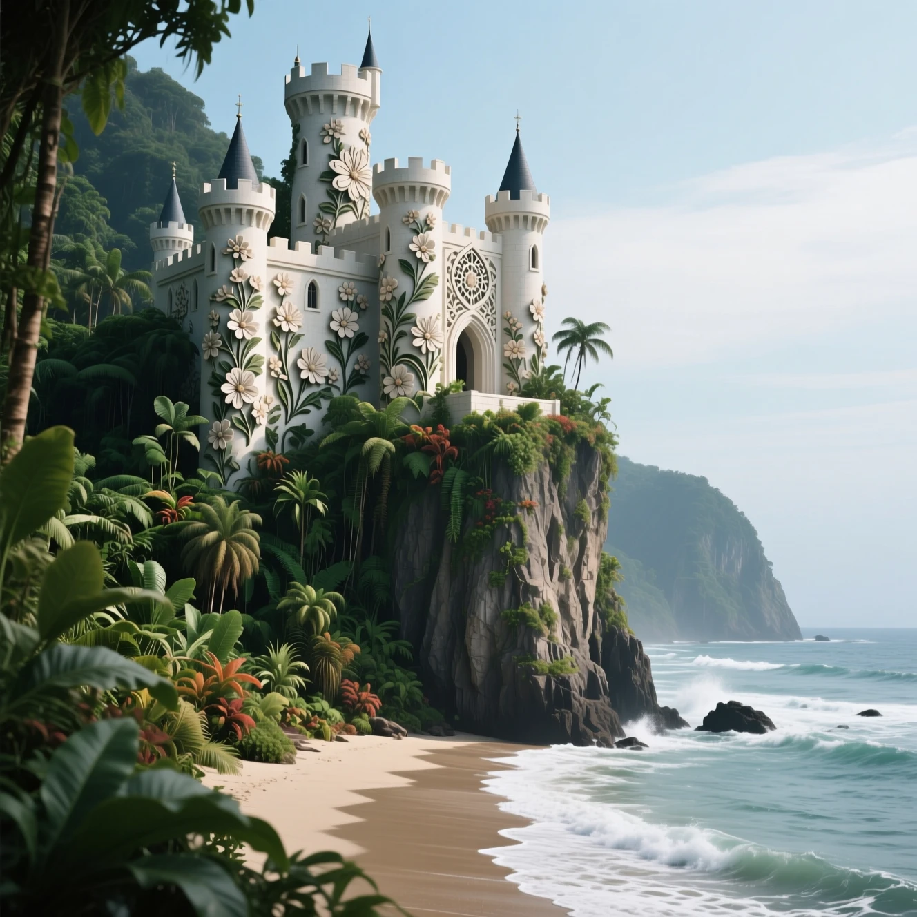 Château futuriste sur une falaise au-dessus des vagues d’une plage de forêt tropicale