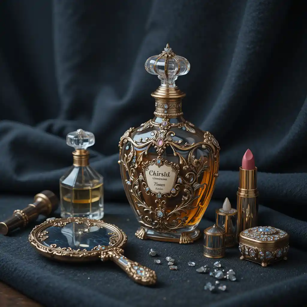 Vintage perfume bottle with mirror and luxury beauty items