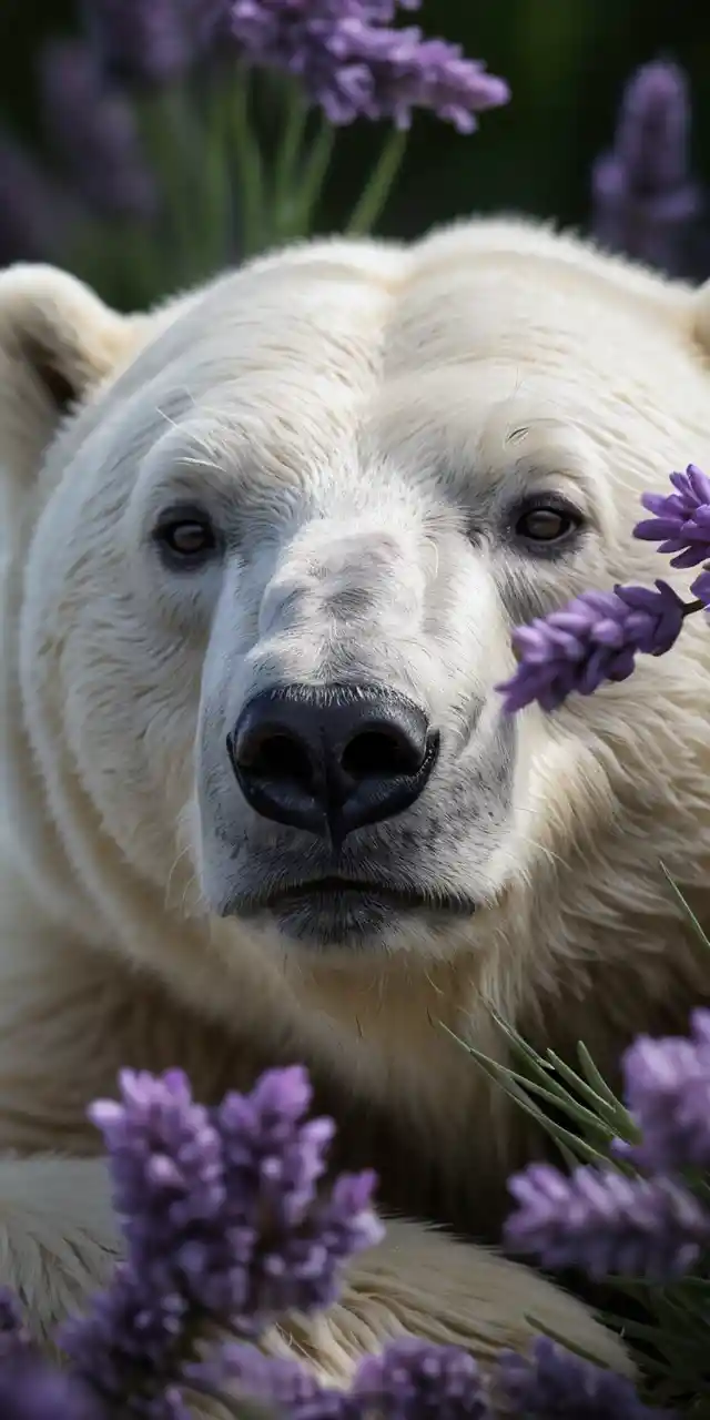 Urso-polar dormindo entre suaves flores roxas