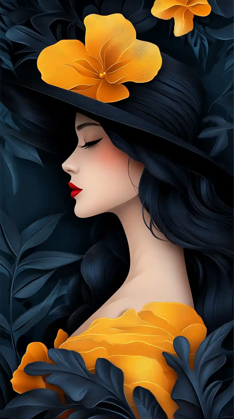 Elegant woman in black hat with floral paper cut background