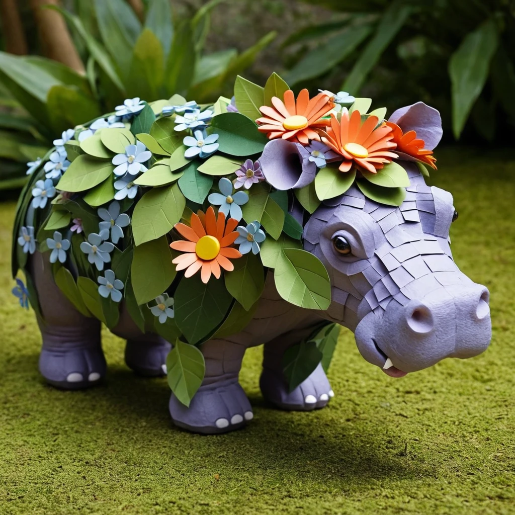 Hippopotame floral avec bébé dans une scène aquatique feuillue