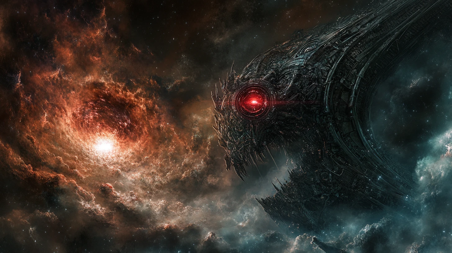 Leviatano biomeccanico che emerge da una oscura nebulosa vorticosa