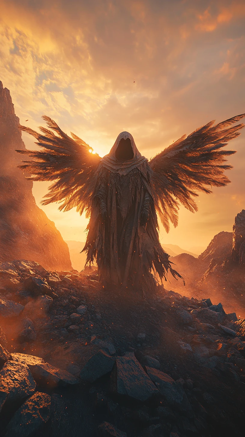 Figura angelical em duna rochosa ao pôr do sol com asas imensas