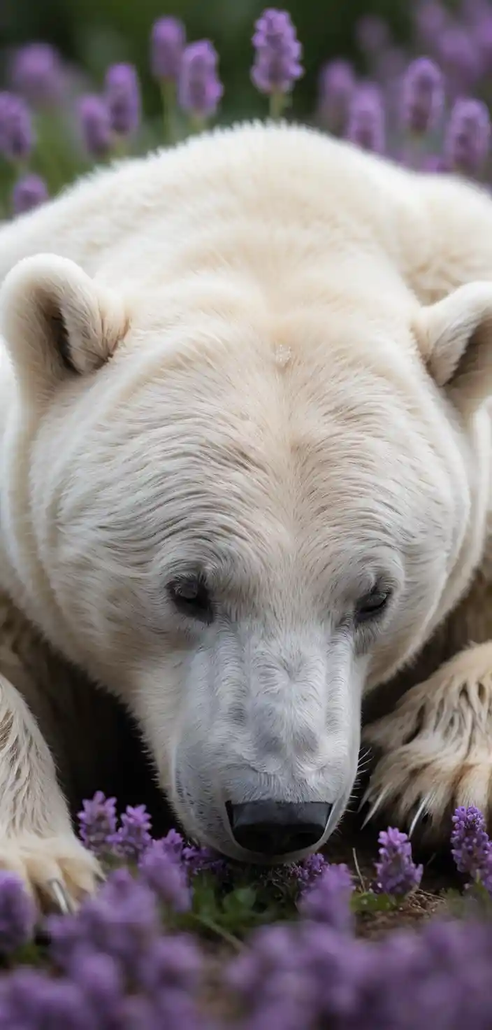 Oso polar durmiendo entre suaves flores moradas