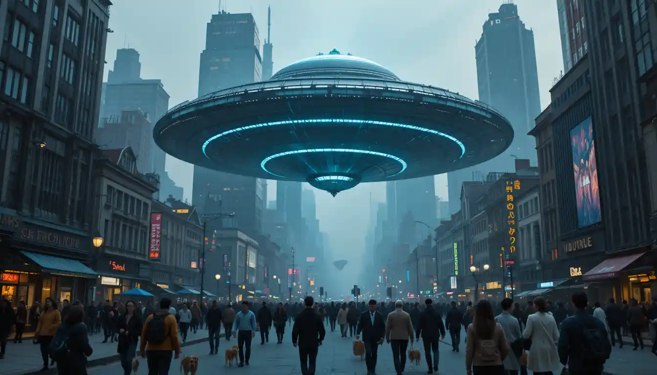Giant UFO Hovering Over A Busy Modern Cityscape