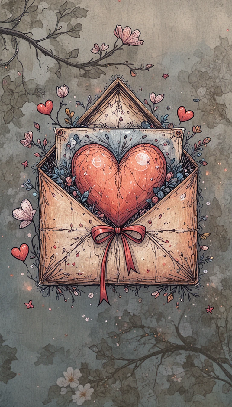 Sobre de carta de amor romántica con corazones y flores
