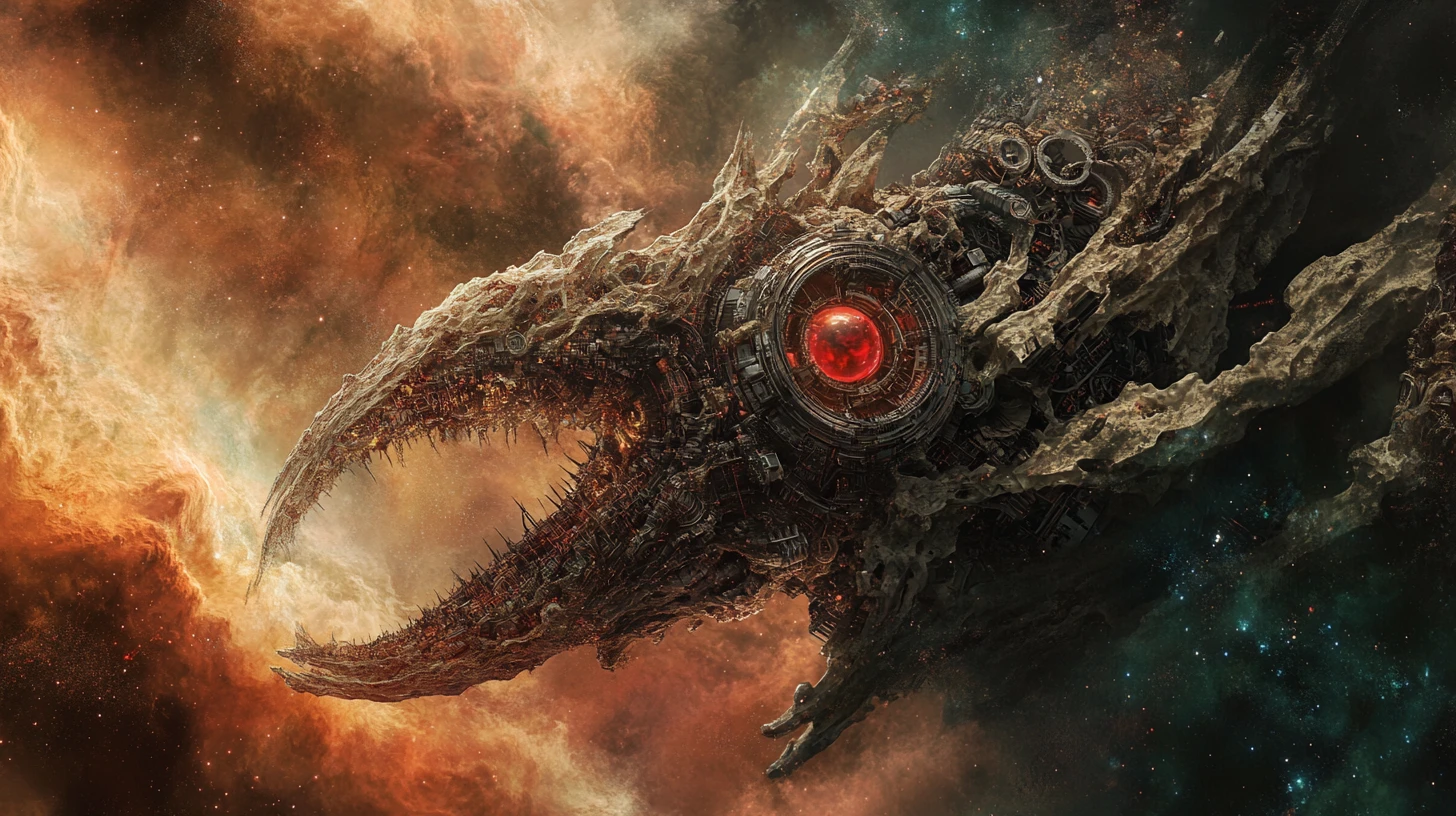 Monstro biomecânico colossal emergindo de uma nebulosa em redemoinho