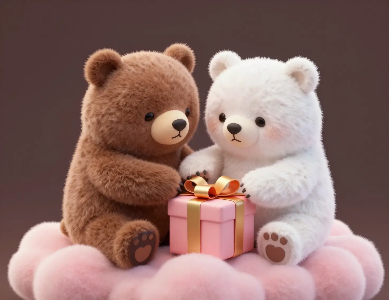 Dolci orsi marroni e bianchi che aprono un regalo
