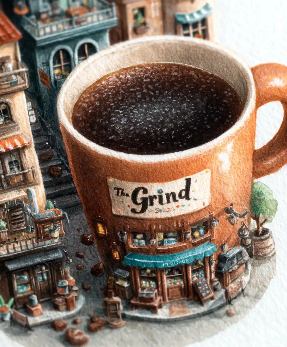 Extreme close up of coffee mug transformed into tiny cafe