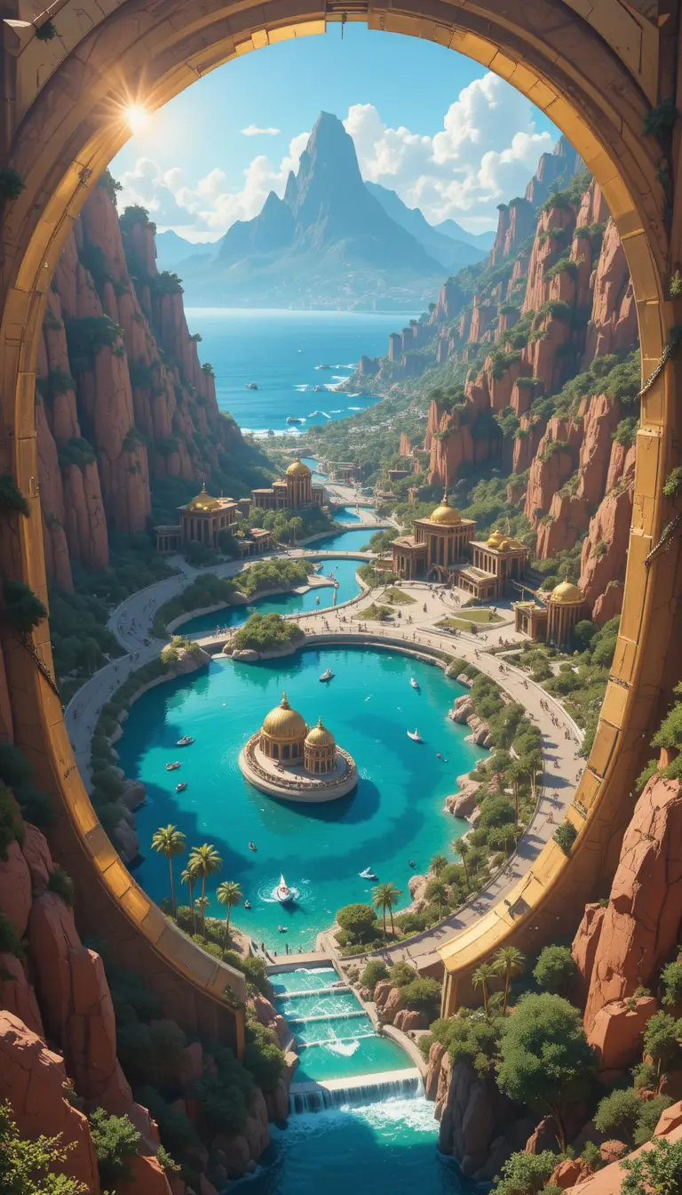 Cidade costeira utópica vista de cima através de um portal dourado