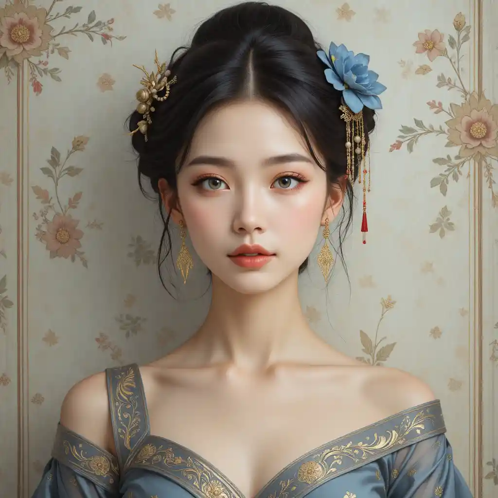 Elegant young woman with floral hairpiece in soft illustration