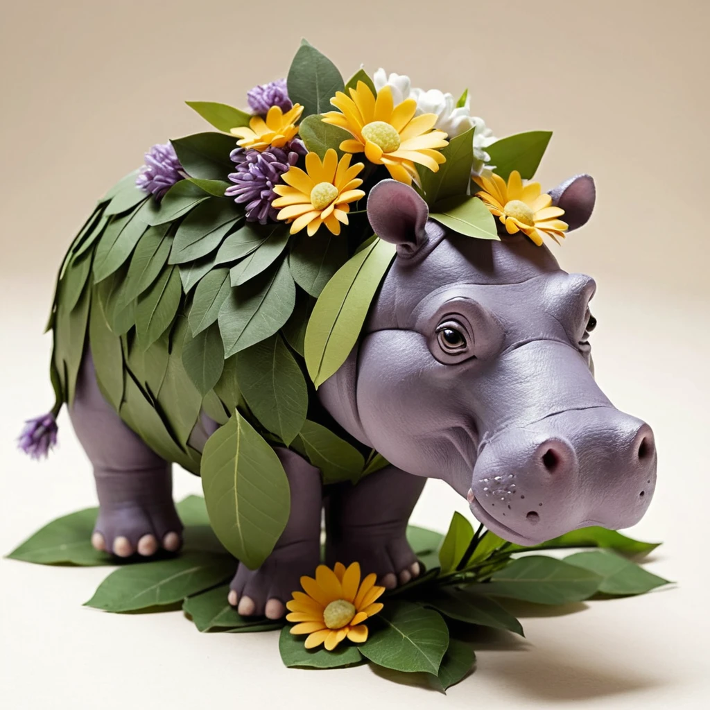 Sculpture florale d’hippopotame avec bébé dans une eau feuillue