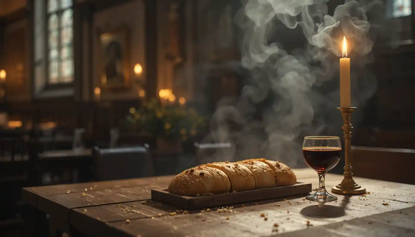 Pane e vino su un altare di legno in una chiesa illuminata dalle candele
