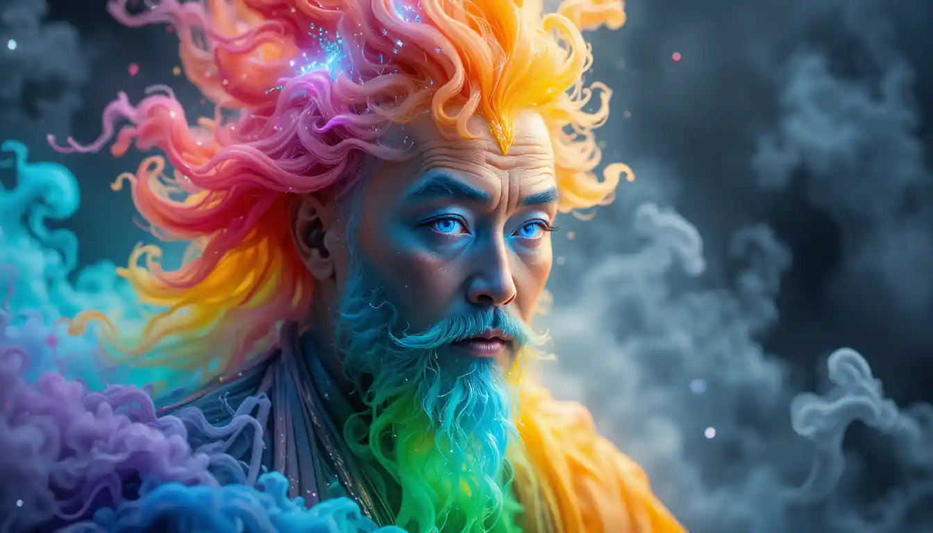 彩虹煙霧中的中國僧侶與發光藍眼