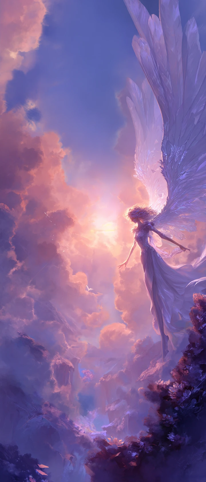 Figura celeste alada sobre vale enevoado ao nascer do sol