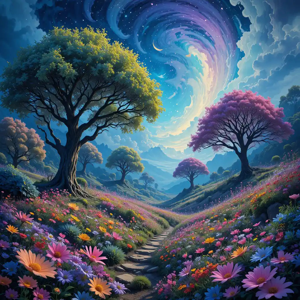 Dreamy surreal landscape with psychedelic trees and flowers
