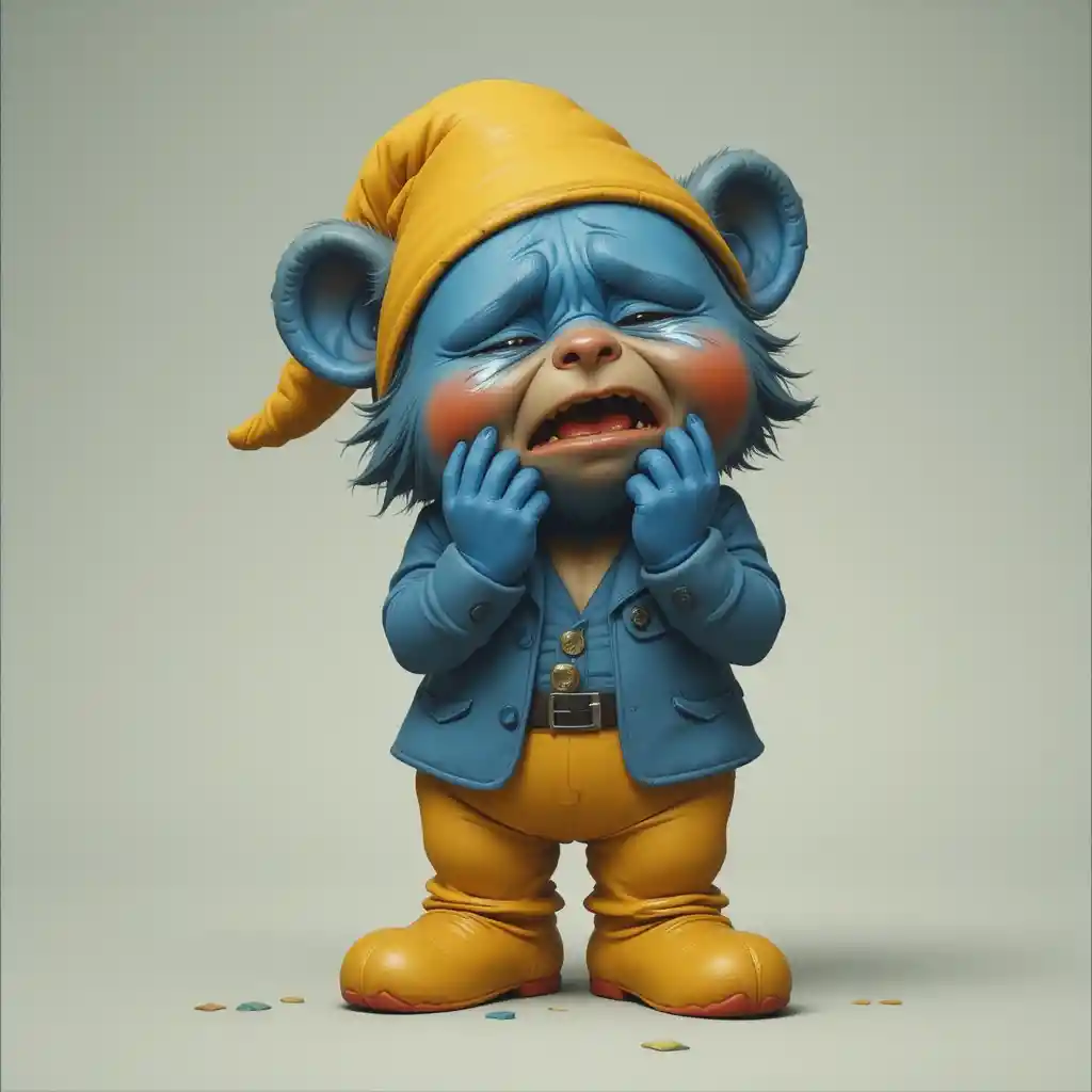 Petit ours bleu en costume pleurant avec une casquette jaune
