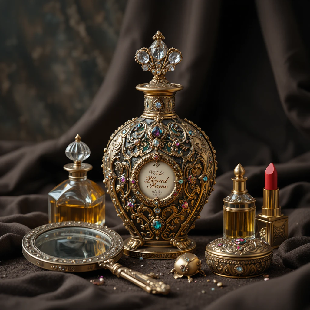 Vintage-Parfümflakon mit eleganten Beauty-Accessoires