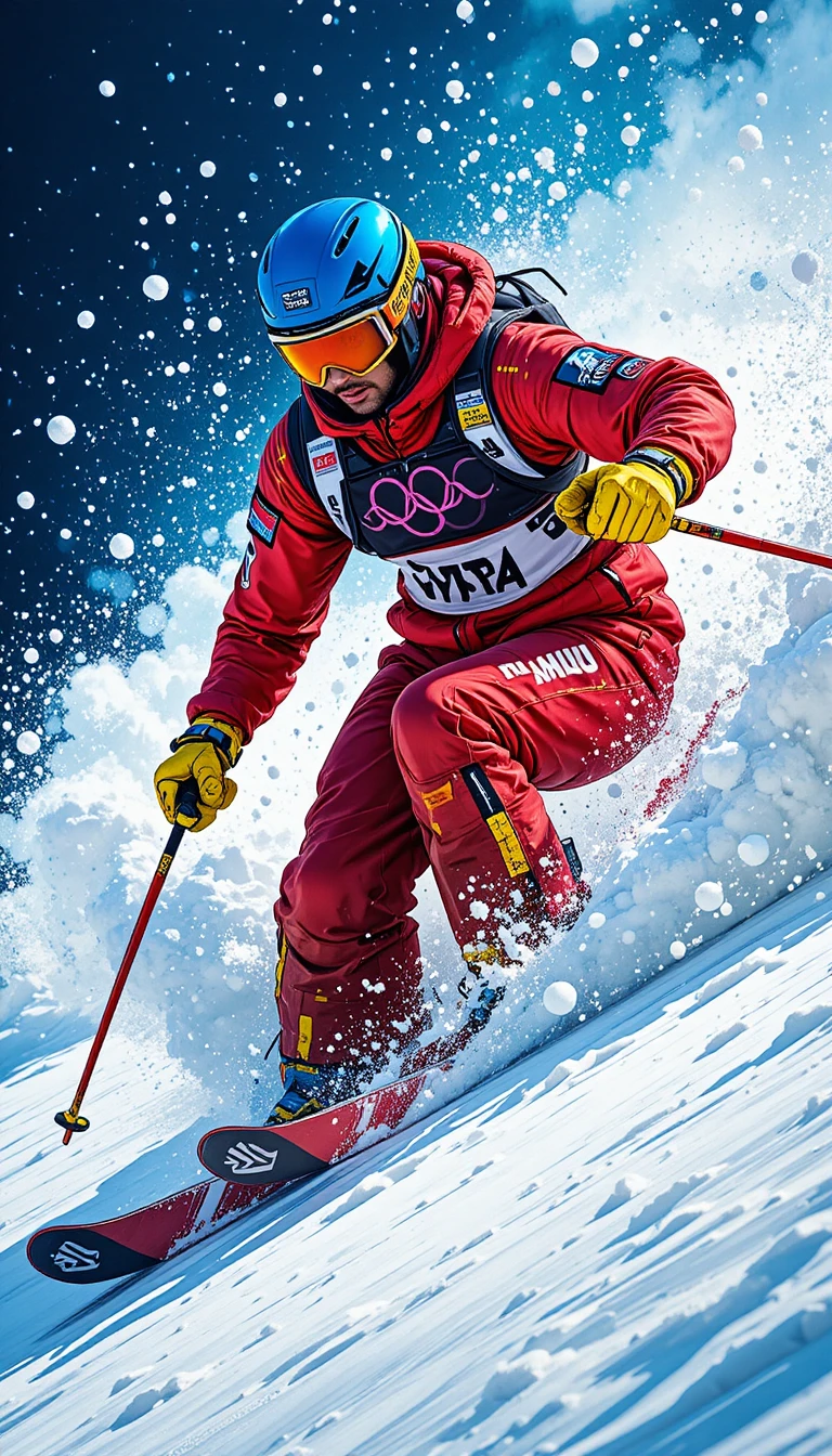 Skieur en tenue de course rouge dévalant à toute vitesse une pente enneigée