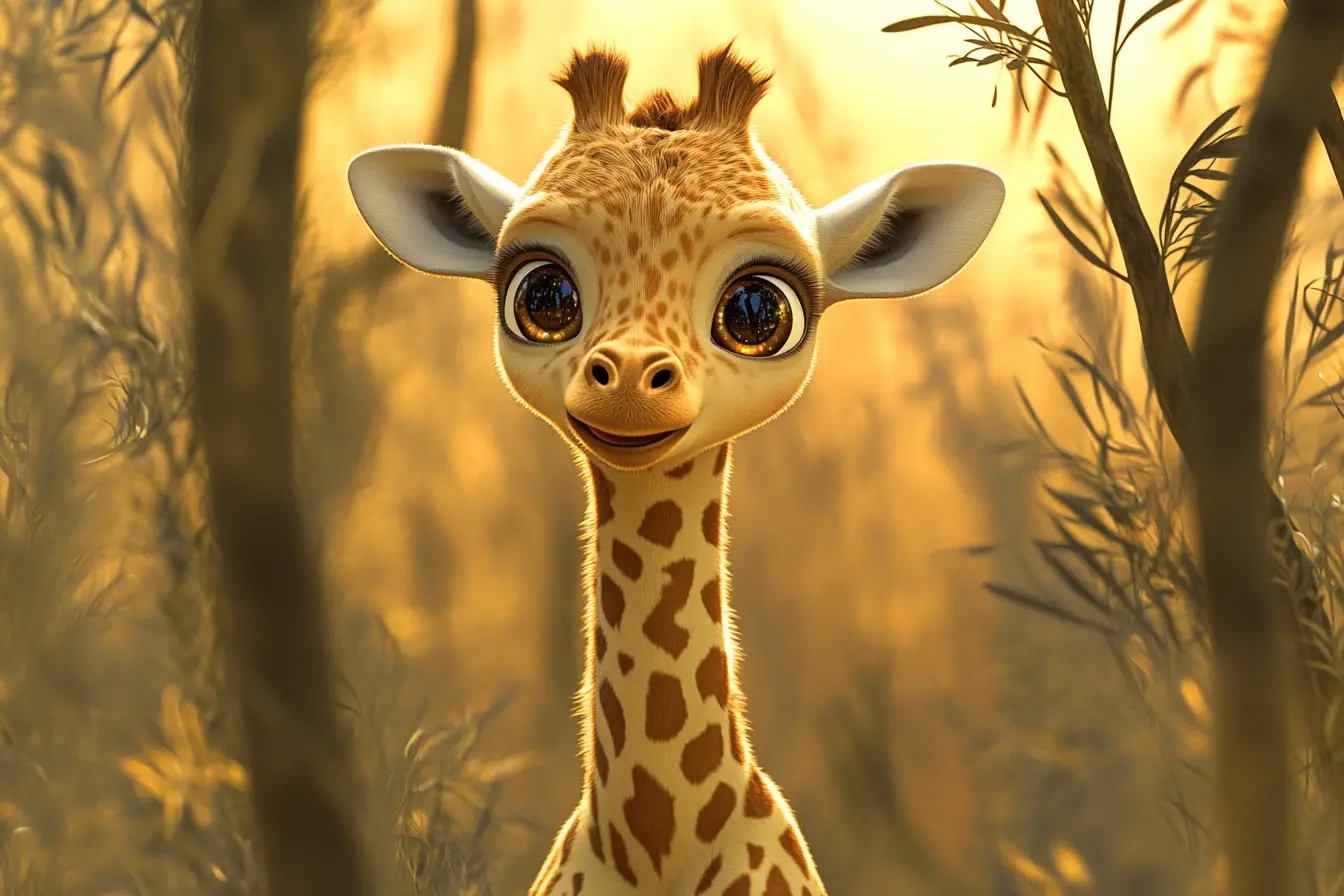 Baby giraffe standing in warm sunrise savanna light