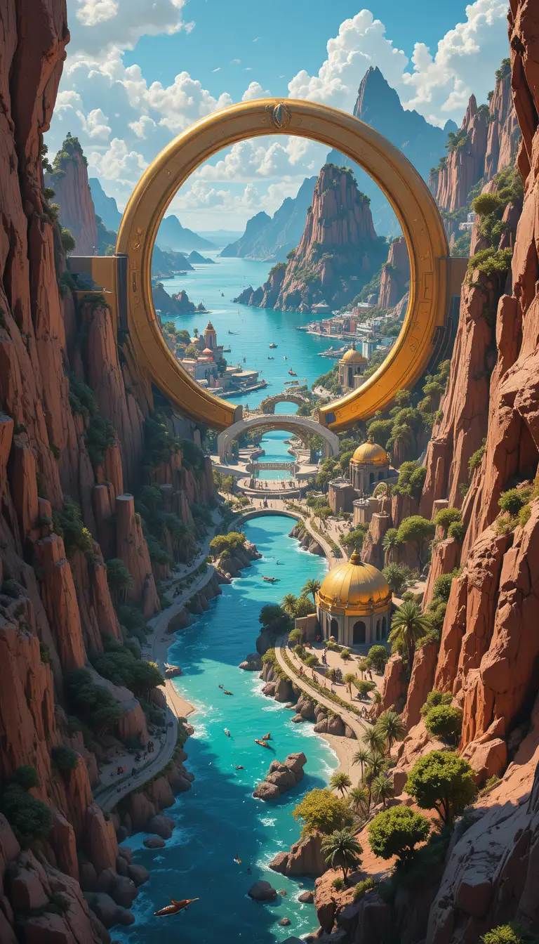 Birds eye view of a utopian coastal valley city