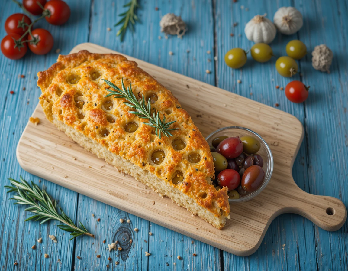 Focaccia italiana con olive su legno rustico