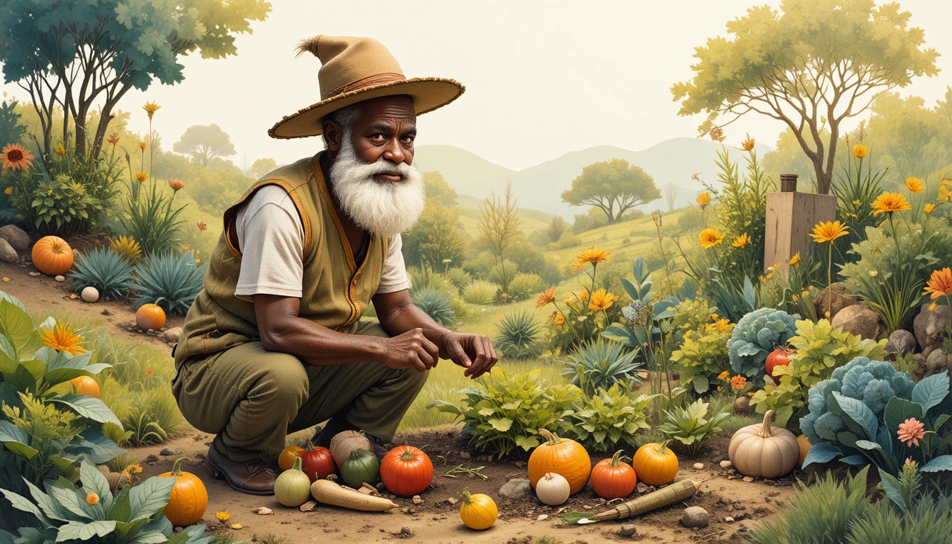 Homme âgé jardinant dans une savane africaine chaleureuse en aquarelle