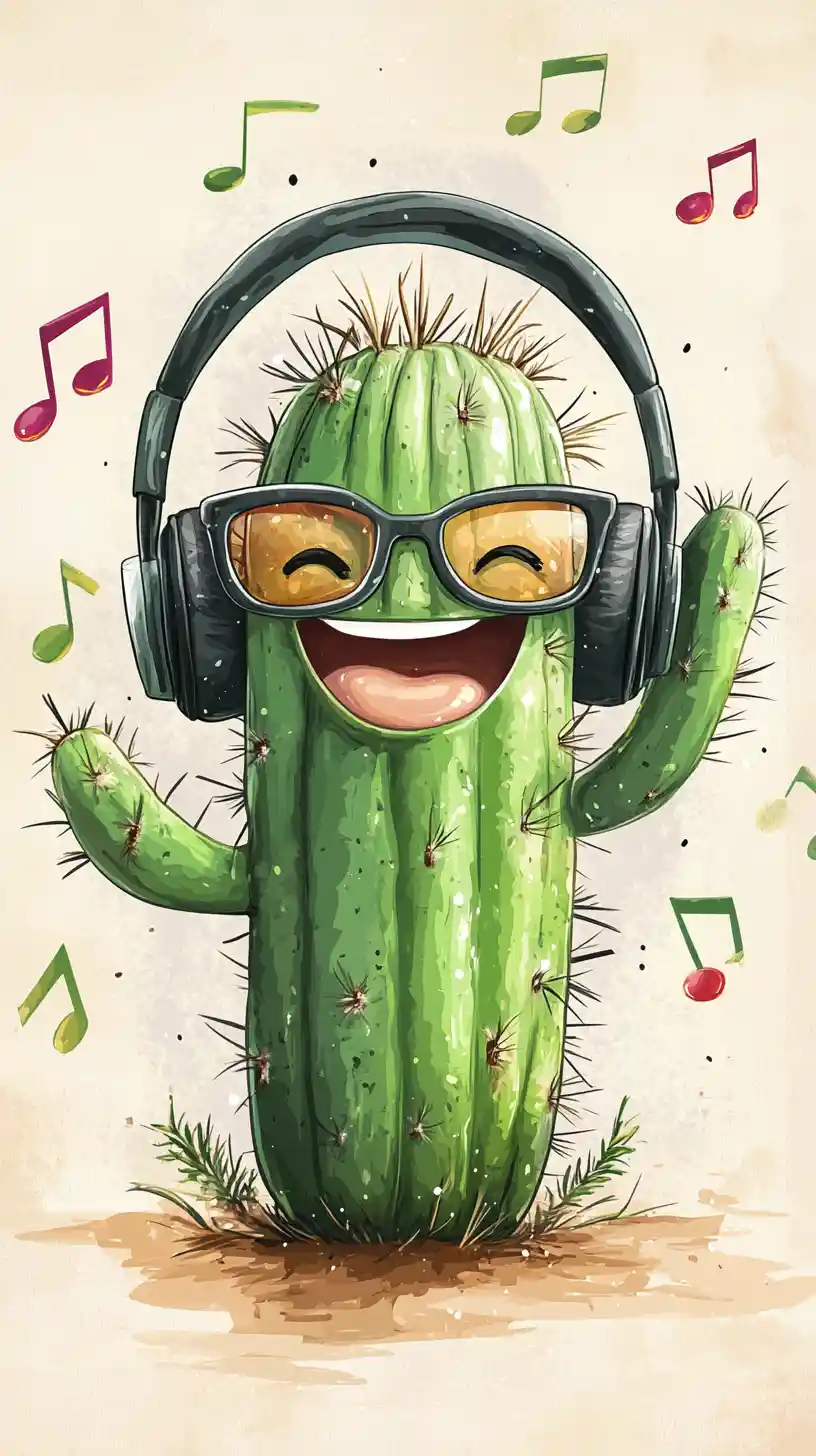 Cute cactus with headphones in playful digital painting