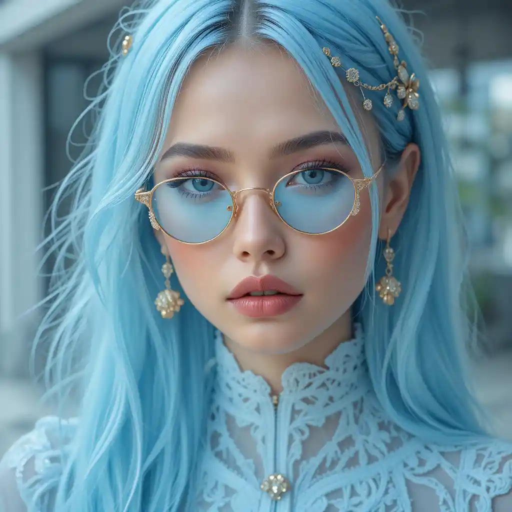 Modern icy blue streetwear with gold and lace details