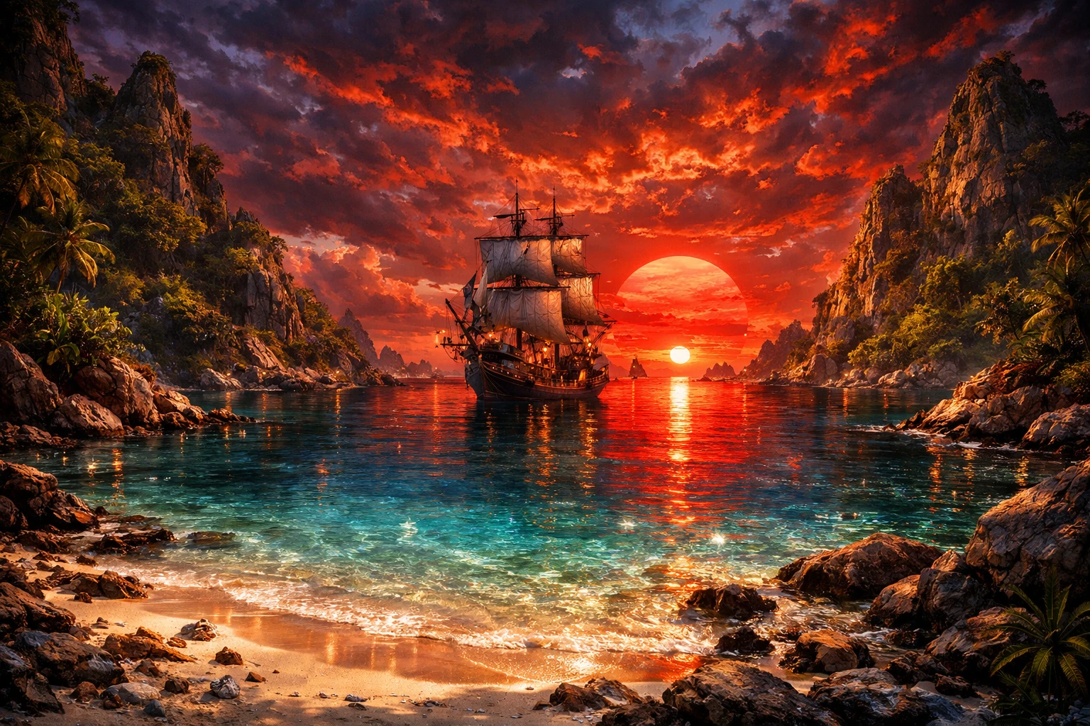 Baía tropical surreal ao pôr do sol com navio e águas cristalinas