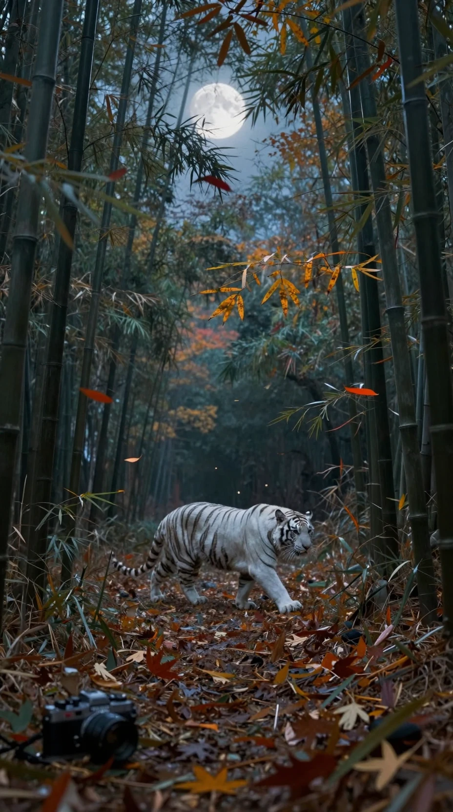 Scène de forêt automnale avec tigre blanc au clair de lune