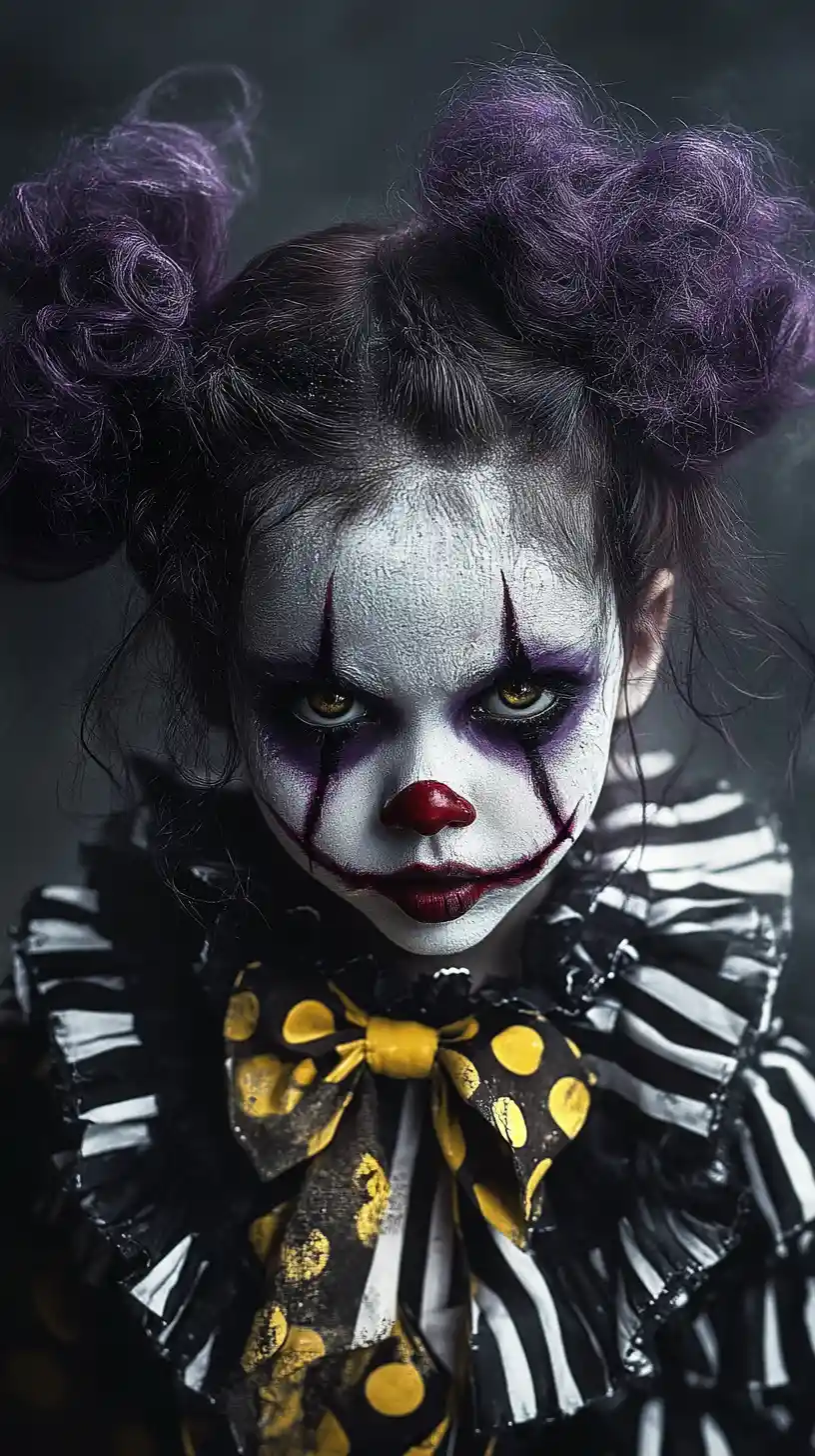 Ragazza clown spaventosa con trucco colato e fumo