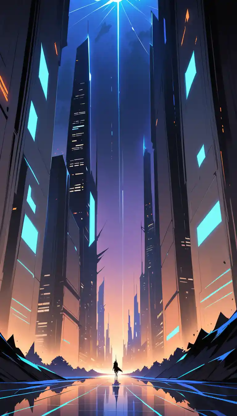 Rascacielos futurista con lobo brillante hecho de luz