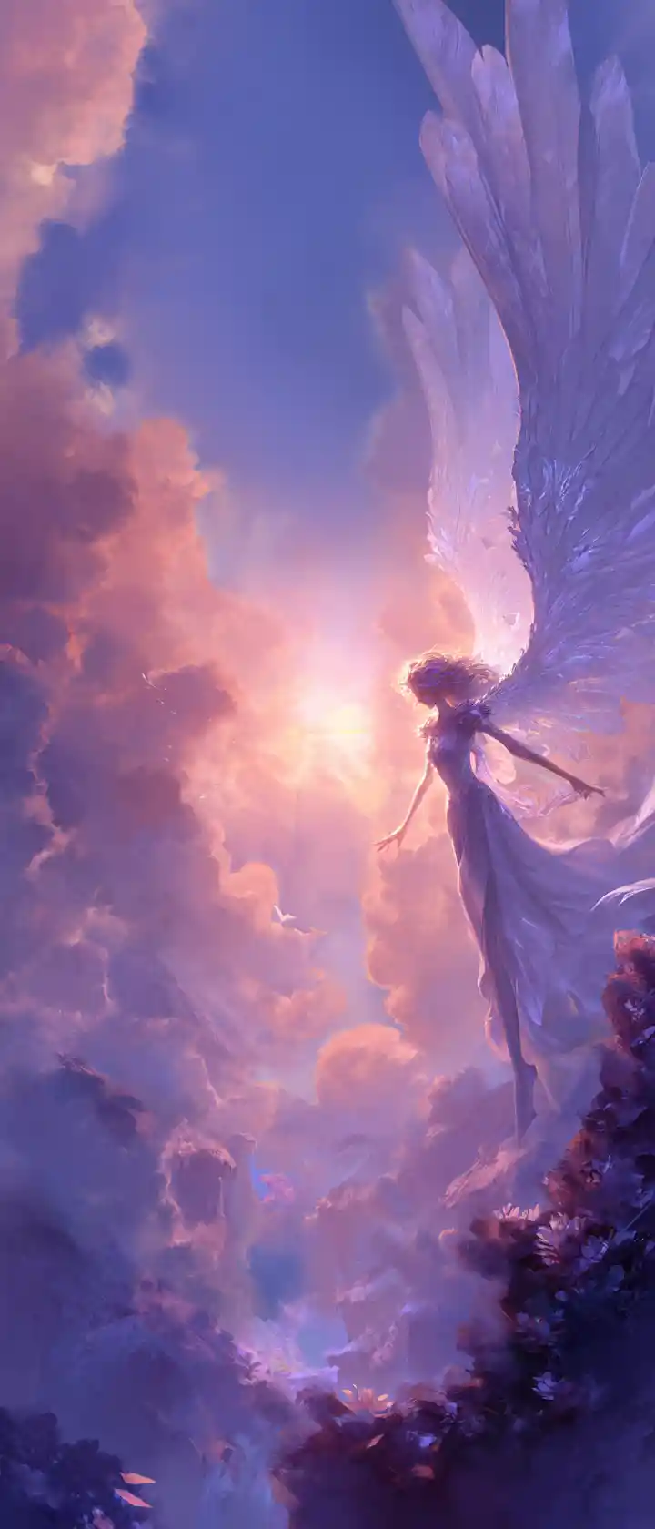 Figura celeste alada sobre vale enevoado ao nascer do sol